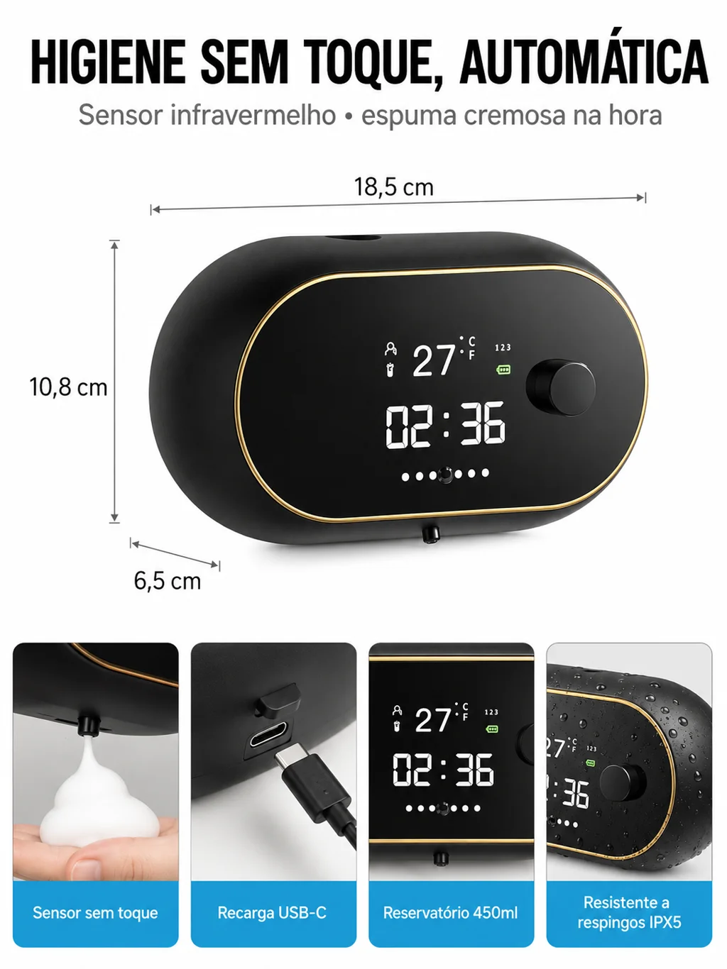 Infográfico: medidas do Espumax e recursos — sensor sem toque, recarga USB-C, reservatório 450ml, resistência IPX5